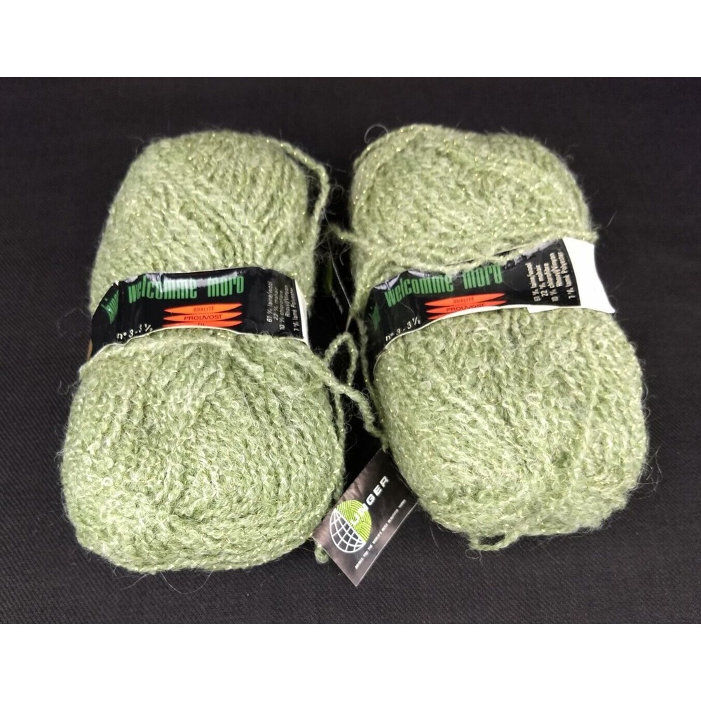 UNGER Titania Yarn 2 Skeins‎ 40g Soft Green Wool Mohair Metallic Gold France Vtg